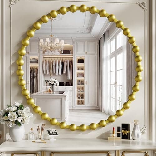 WISSMIELS Round Vanity Mirror for Wall, 36 Inch Beaded Frame Circle Mirror for Bathroom, Bedroom Dresser, Entryway, Living Room, Decorative Hanging Wall Mirror, Gold - Image 1