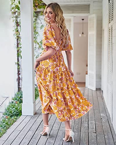 BTFBM Summer Dresses for Women 2026 Spring Outfits Beach Vacation Short Sleeve Smocked Boho Casual Floral Maxi Dress(Floral Yellow, Small) - Thumbnail 4