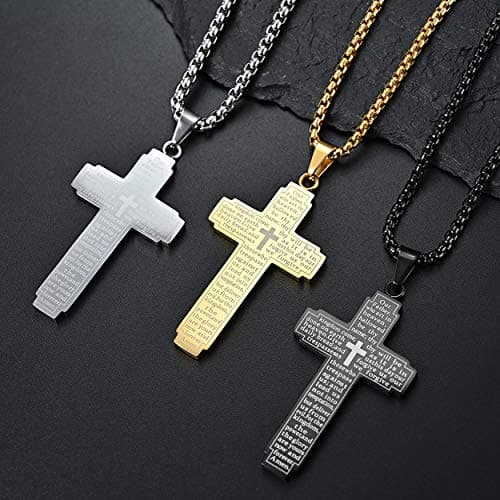 Rehoboth Stainless Steel Our Father Lord's Prayer Cross Pendant Necklace for Women Men Chain 24 Inch Silver - Thumbnail 5