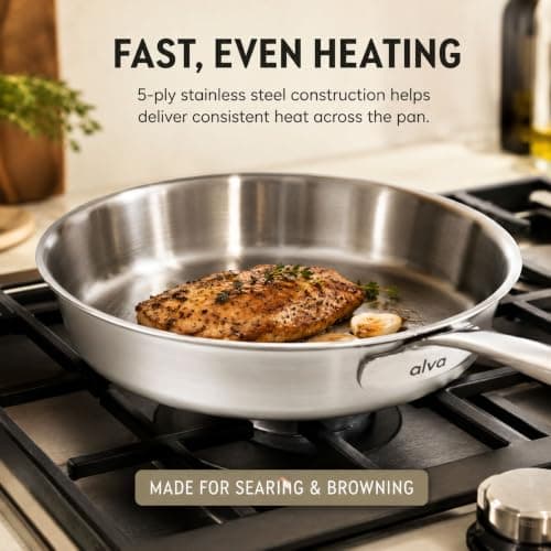 Alva Maestro 8” Stainless Steel Frying Pan – 5-Ply Skillet, Induction & Oven Safe, Professional Chef Pan with Stay-Cool Handle, Fast & Even Heating Stainless Steel Cookware - Thumbnail 3