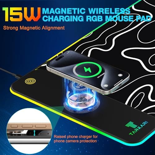 TARKARI Magnetic Wireless Charging RGB Mouse Pad, Large Gaming Desk Mat Waterproof, 31.5"x11.8" Black Mousepad, Ultra-Smooth Surface, Non-Slip Rubber Base, Desk Pad for Keyboard Laptop - Thumbnail 2