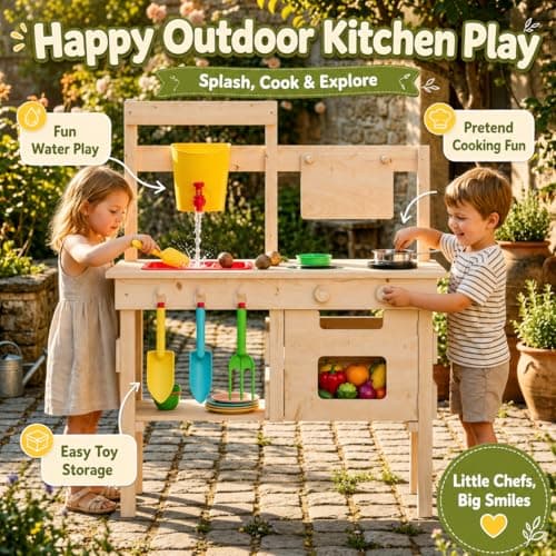 Wooden Outdoor Mud Kitchen for Kids, Waterproof Solid Wood Play Kitchen with Removable Faucet, Sink, Cutting Board, Toy Pots, Soil Cups, Magnetic Door and Storage Shelf - Thumbnail 2