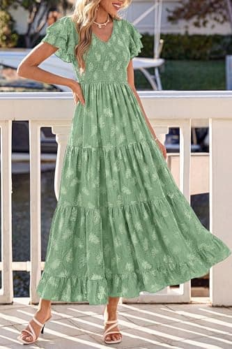 dowerme Maxi Dresses for Women 2026 Summer Ruffle Sleeve V Neck Smocked A Line Floral Boho Tiered Sundress Spring Outfit(Green,Large) - Thumbnail 4