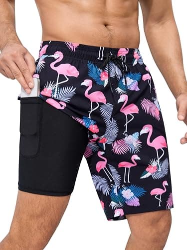 SILKWORLD Mens Swim Trunks Bathing Suit 9 Inch Inseam Compression Liner Beach Swim Shorts Swimwear Quick Dry Zipper Pockets, Black Pink Flamingo, Small - Image 1