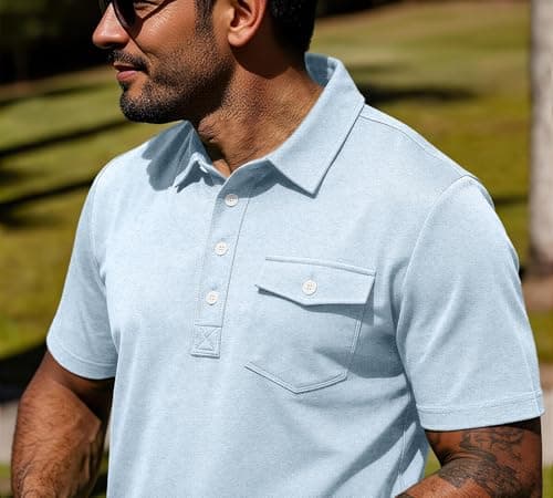 JEMLDL Mens Summer Shirts 4 Buttons Casual Vacation T Shirts Quick Dry Short Sleeve Golf Tops Outdoor Performance Light Blue M - Thumbnail 2