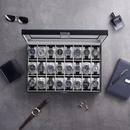 ProCase Watch Box for Men, 24 Slot Display Case with Real Glass Lid and Removable Pillows. Premium Storage Holder Organizer, Gift for Dad & Father's Day & Watch Collectors -Black - Thumbnail 5