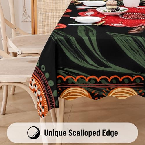 Tyrot Scalloped Black Red Boho Floral Rectangle Table Cloth Vintage Farmhouse Waterproof Stain Resistant Wrinkle-Free Tablecloth Indoor Outdoor Table Covers for Kitchen Dining/Party, 60x120 - Thumbnail 2