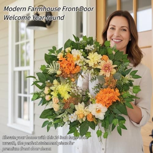 24" Large Wreath for Front Door - Artificial Orange Hydrangea Peony Yellow Dahlia Wreath - Summer Floral Farmhouse Porch Decor, Sun-Kissed Welcome Sign for Wall & Window - Thumbnail 2