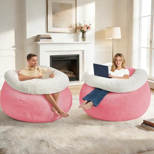 HABUTWAY Giant Bean Bag Chair, Oversized Beanbag Chair with Filler, Ultra Soft Faux Fur Bean Bag Lounge Floor Sofa w/U-Shaped Pillow for Gaming, Reading, Pink & Beige - Thumbnail 6