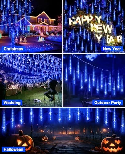 EAGWELL Christmas Lights Outdoor 16 Inch Meteor Shower Rain String Lighting, 20 Tube 960 LEDs Icicle Tree String Decor for Halloween Yard Party Patio Xmas Decoration,Blue - Thumbnail 6