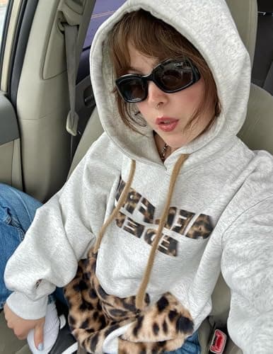 Aelfric Eden Oversized Hoodies Womens Leopard Letter Print Hoodie Fall Y2k Hooded Sweatshirts With Pocket Light Gray Large - Thumbnail 3