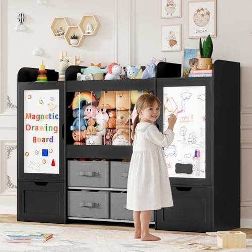 VortinT 61"W Kids Toy Organizer, Bookshelf with 2 Magnetic Drawing Boards, Stuffed Animal Storage, 2 Rolling Drawers, 4 Fabric Bins, Large Kids Wooden Toddler Storage for Playroom, Nursery - Image 1