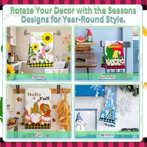 Vetoxka 12 PCS Seasonal Kitchen Towel Set for All Holidays - Cute Valentine St Patricks Day Decorations Hand Dish Tea Towels Gift Bulk Spring Bee Easter Dishcloths for Cooking Housewarming Gnome Gifts - Thumbnail 4