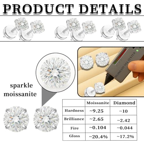 6mm Moissanite Stud Earrings in White Gold Plated Titanium | HypoAllergenic Earrings for Women & Men (Silver 6mm) - Thumbnail 3