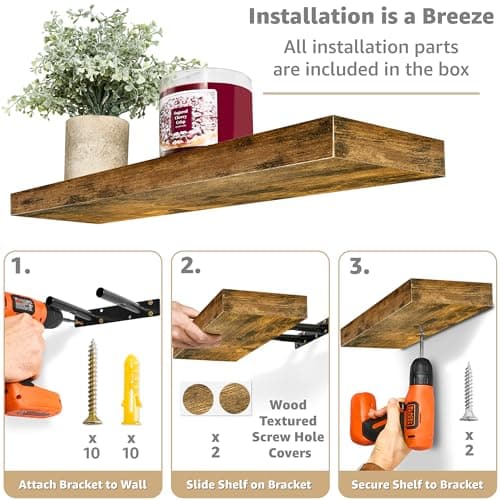 Sorbus Floating Shelves for Wall - 24" Bathroom Shelves, Wall Decor for Bedroom, Kitchen, Living Room, Home Decor & Book storage - Mounted Floating Shelf with Invisible Brackets (Rustic Brown, 4 Pack) - Thumbnail 4