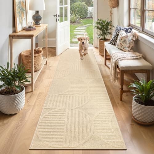 Findosom Washable Runner Rug 2x8, Geometric High-Low Textured Non Slip Hallway Runner Rug with Rubber Backing, Boho Carpet Runner for Kitchen, Bedroom, Laundry, Entryway, Bathroom, Beige - Image 1