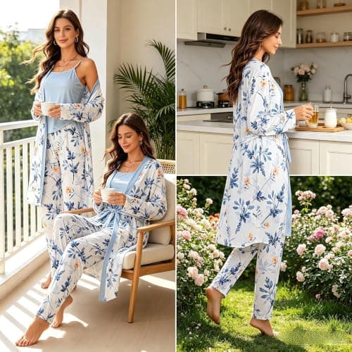 Eternatastic Women's 3 Piece Knit Lounge Set Pajama Long Sleeve Cardigan Sleeveless Top Pants Pjs Sets XL Blue Floral - Thumbnail 4