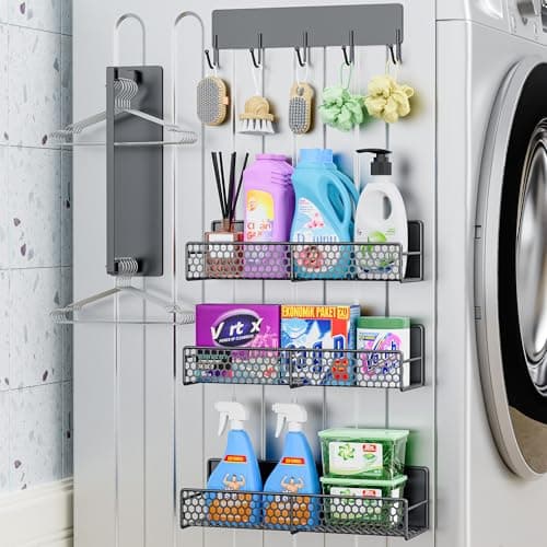 JulktLli 5 Pack Multifunctional Magnetic Shelves for Washing Machine & Refrigerator - Heavy Duty Laundry Room Organization System with Tool Hooks, Metal Storage Baskets (Grey) - Image 1