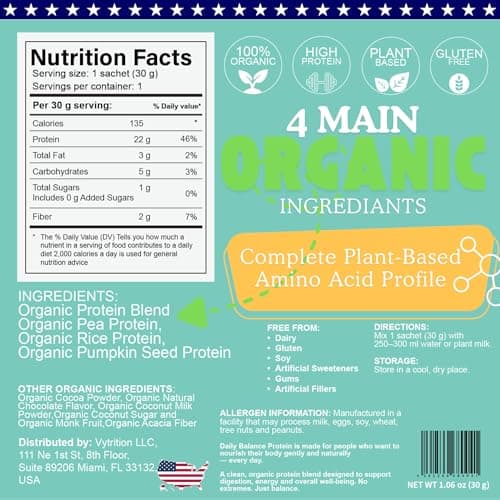 Vytrition Organic Vegan Protein Powder Chocolate – 22g Plant Protein for Women & Men, GLP-1 Friendly, Monk Fruit Sweetened, Acacia Fiber, Keto – Single Serve Travel Sachet - Thumbnail 4