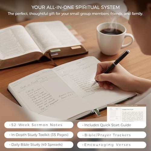 Daily Christian Bible Study Journal for Women & Men, 8.27x5.83” A5 Hardcover Prayer Notebook for Church, Sermon & Devotional Notes, PU Leather Cover with Elastic Band & Pen Loop. (Brown) - Thumbnail 2
