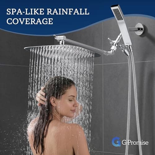 G-Promise All Metal 14 Inch Dual Square Shower Head with Handheld Spray Combo, Rain Shower Head, Adjustable Extension Arm, 3-Way Diverter, 71 Inch Extra Long Hose - A Bathroom Upgrade (Chrome) - Thumbnail 2