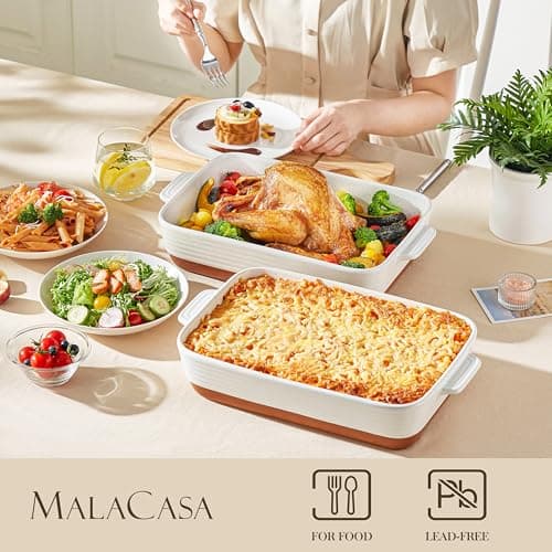 MALACASA 9x13 Ceramic Baking Dish, 4.8 QT Deep Casserole Dish with Handles, Oven Safe Lasagna Pan for Baking, Roasting & Serving, Rectangular Bakeware, Khaki & White, Tara - Thumbnail 3