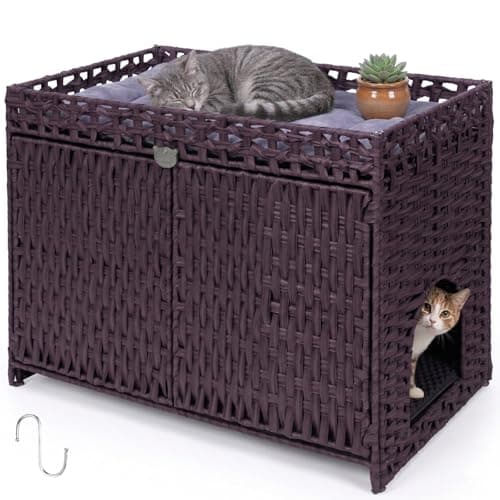Neti Neti Cat Litter Box Enclosure Furniture, A Calm Enclosed Space Chosen by Cats, Handwoven Rattan Hidden Cabinet with 2 Removable Mats, Large Foldable Design for Indoor Use, Large, Brown