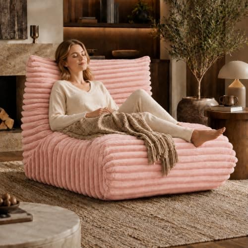 Bean Bag Chair for Adults, Giant Memory Foam Floor Sofa with Lumbar Pillow, Oversized Corduroy Beanbag Couch, Comfy Lounge Chair for Living Room, Bedroom, Apartment, Reading, Gaming, Pink