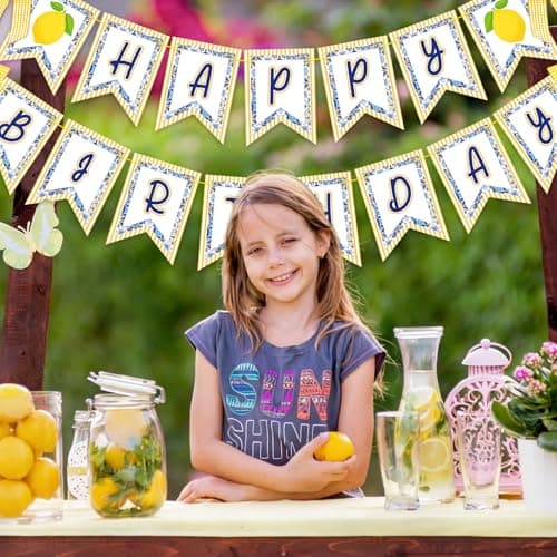 JarThenaAMCS 2 Pcs Lemon Happy Birthday Banner 3D Yellow Blue Chinoiserie Lemon Birthday Paper Banner with Ribbon Bow Pre-Assembled Hanging Garland for Summer Lemon Birthday Party Decoration - Thumbnail 4