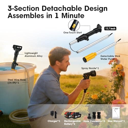 Cordless Stick Water Transfer Pump: 770 GPH 32 Ft Head with 21V 2×4.0Ah Batteries Water Pump - 3-Section Removable Portable and Lightweight with 16.5Ft Hose for Garden Pond Pool Emergency Drainage - Thumbnail 4