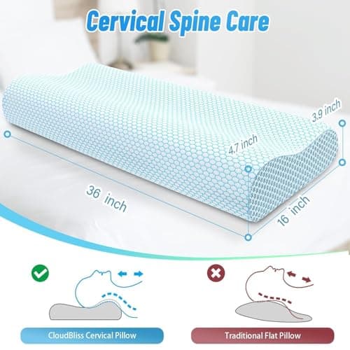 CloudBliss Memory Foam Pillow, Ergonomic Neck Contour Cervical Pillow for Back and Shoulder Pain, Orthopedic Pillow for Neck Pain Relief, for Sleeping Side, Back, Stomach Sleepers - Blue, King - Thumbnail 2