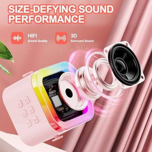 Kids Karaoke Machine Toy for Ages 3-12, Rechargeable Portable Bluetooth Speaker with 1 Wireless Microphone, LED Light Up Voice Changer, Christmas Birthday Gift for Boys Girls Grandkids (Pink - 1) - Thumbnail 3