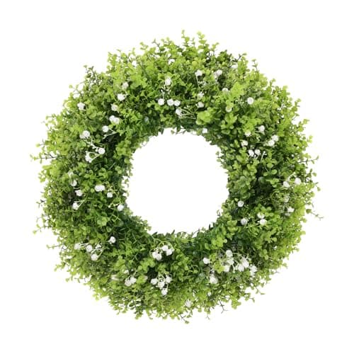 U'Artlines 20 Inch Boxwood Wreaths for Front Door, Spring Summer Wreath with White Flowers, Large Faux Greenery Wreath for Wall Window Porch All Seasons Outdoor Decor - Image 1