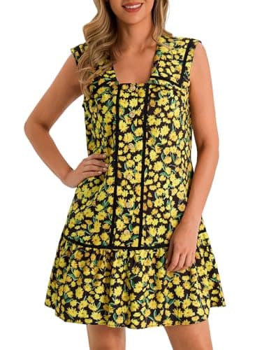 Wenrine Womens Mini Shirt Dress Casual Floral Sleeveless Collared Button Down Summer Dresses Black - Image 1