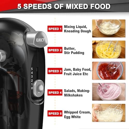 Lord Eagle Hand Mixer Electric Handheld 400W, 5-Speed Lightweight Kitchen Mixer with Storage Case, 5 Stainless Steel Attachments for Baking Cake Egg Cream Food Beater, Turbo+Eject Button, Black - Thumbnail 6