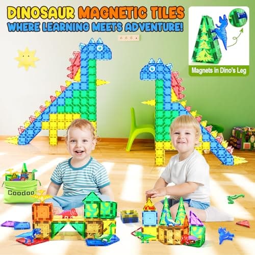 Coodoo Dinosaur Toys Magnetic Tiles - Magnet Building Blocks for Toddler Kids Toys STEM Sensory Outdoor Toy for 3+ Year Old Boys and Girls, Dinosaur World Creative Games Kids - Thumbnail 6
