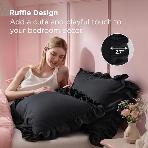 Bedsure Ruffle Pillow Cases King Size Set of 2, Black Ruffled Pillow Shams, Double Brushed Microfiber, Decorative Ruffled Pillow Covers with Envelope Closure, Wrinkle Fade Resistant, 20" x 36" - Thumbnail 3