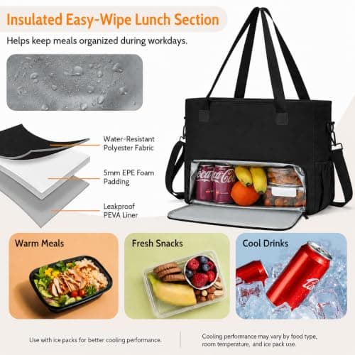 AHHZOOPLL Work Lunch Tote Bag for Women with 15.6" Laptop Compartment, Soft Structured Polyester Teacher Tote Bag with Insulated Lunch Compartment for Office, Nurse, Teacher, Daily Commute, Black - Thumbnail 6