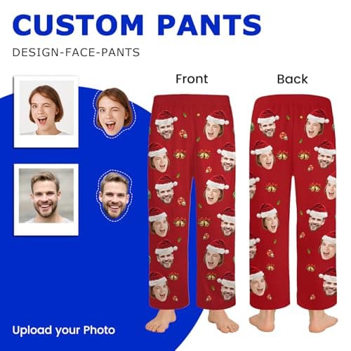 giftoria Custom Pajama Pants Men Women Personalized Couples Pajamas, Funny PJ Pant Design with Face, Personalized Gifts for Family Christmas Pajamas Matching Bottoms Sleepwear Red - Thumbnail 3