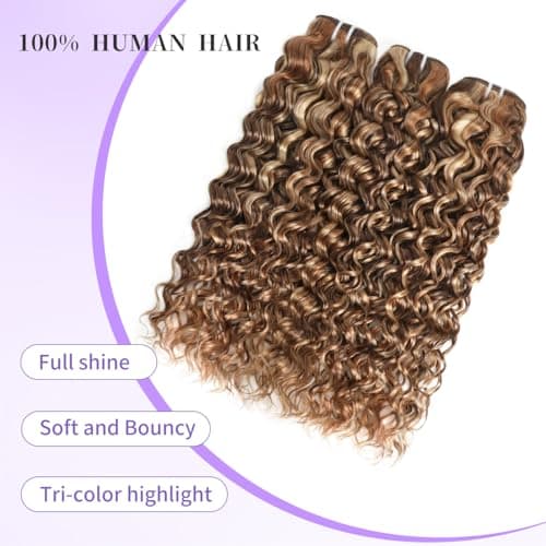 3 Tones 4/27/613 Sun-kissed Blonde Highlight Bundles Human Hair Weave for Black Women Ombre Brown Water Wave Virgin Hair 3 Bundles/Pack 14 16 18 Inch 100g/Bundle - Thumbnail 5
