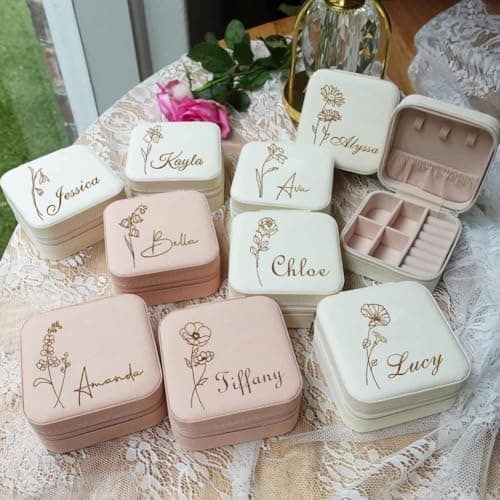 Corissy Personalized Jewelry Box for Women, Custom Travel Jewelry Case with Name and Birth Flower, Leather Jewelry Box for Rings, Earrings, Necklaces, Personalized Gifts for Women - Thumbnail 3