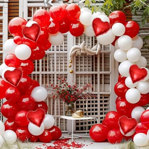 Red White Balloon Garland Arch Kit, 160Pcs Red and White Balloons with Heart Foil Balloons for Romantic Wedding Birthday Party Bridal Shower Valentines Day Decorations - Thumbnail 6