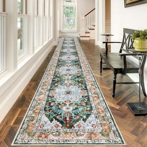 U'Artlines 2.6' x 20' Extra Long Boho Hallway Runner Rug, Non Slip Washable Vintage Farmhouse Accent Area Rug Carpet for Kitchen Entryway Laundry and Living Room (Green)
