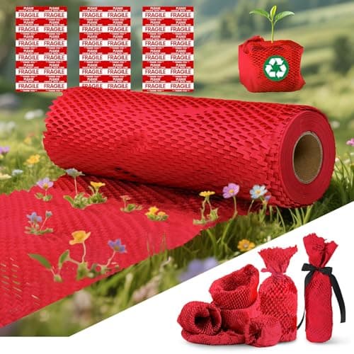 Honeycomb Packing Paper, 12"x200' Red | Perforated Honeycomb Packing Paper Recyclable Moving Supplies for Shipping & Moving | Plastic-Free Alternative to Bubble Cushion Wrap with 36 Fragile Stickers - Image 1