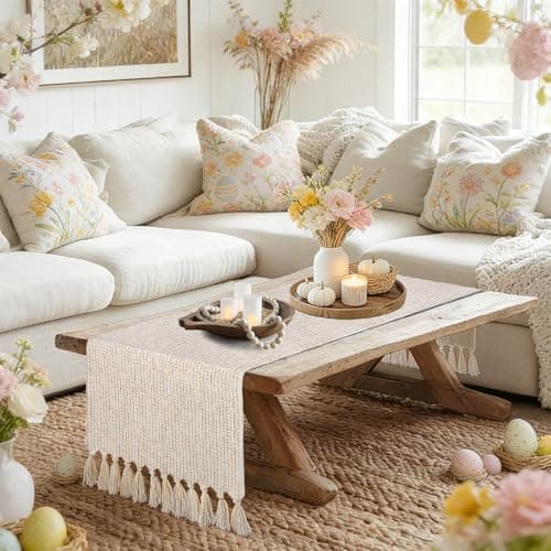 yuboo Boho Table Runner 72 Inches Long, Rustic Farmhouse Dresser Runners for Bedroom, Beige Linen Woven Table Runner with Tassels for Dining Room, Coffee Table, Wedding Decor, Vintage Home Decor - Thumbnail 4