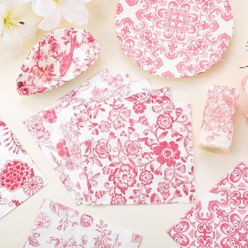 16 Pcs 8 Styles Decoupage Napkins, Pink and White Floral Paper Napkins Chinoiserie Decorative Cocktail Napkin Pretty Printed Cocktail Paper for DIY Crafting Furniture Decor Birthday Party Baby Shower - Thumbnail 3