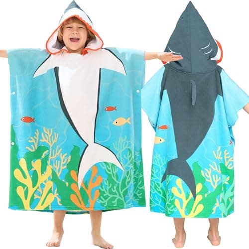 Joiedomi Kids Beach Towels with Hood for 3-10 Years Boys Girls Shark Hooded Toddler Bath Towel Poncho Absorbent Quick Dry Soft Microfiber Swim Robe with Backpack Lightweight 30"x30" for Beach Pool - Image 1