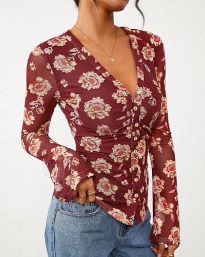 BTFBM Button Down Shirts for Women 2026 Spring Boho Tops V Neck Long Sleeve Blouses Ruched Mesh Fitted Fashion Clothing(Brown, Small) - Thumbnail 6