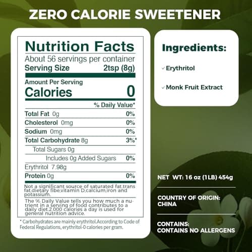 Lesweet Monk Fruit Sweetener with Erythritol, Monk Fruit Extract, 1:1 White Sugar Substitute, Zero Calorie, Keto Friendly, Non-GMO, Perfect for Coffee & Baking, 16 oz (Pack of 1) - Thumbnail 2