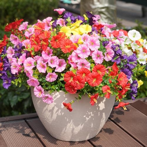 maxkes Artificial Flowers for Outdoors, UV Resistant Fake Silk Morning Glory, Realistic Faux Plants for Outside Porch Patio Window Box Hanging Planter (12, Purple White Yellow Pink Red) - Thumbnail 5